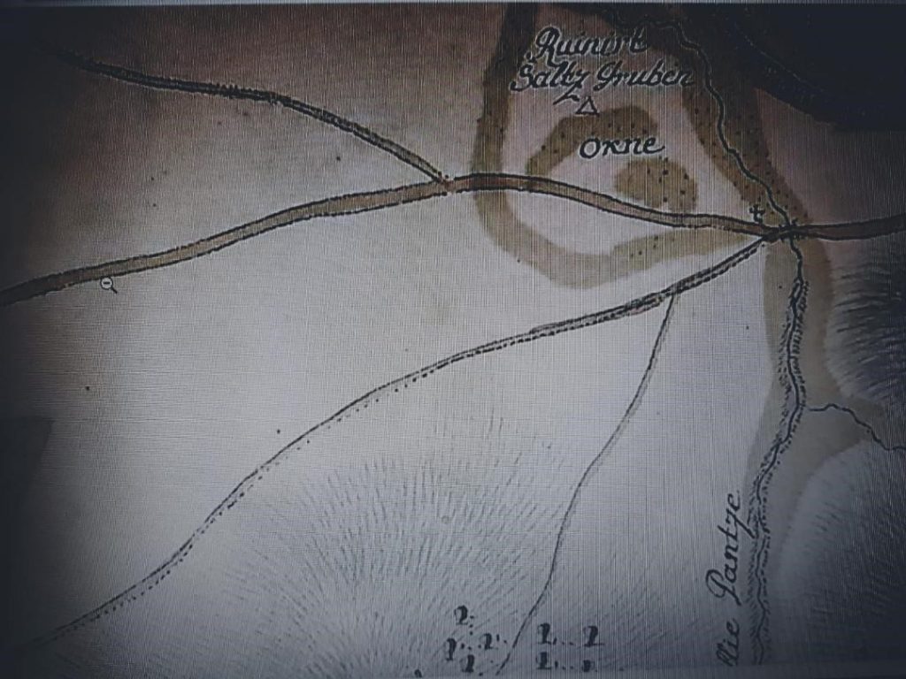 Perimetrul cartografiat pe Harta Iosefină (1769-1773) pe care se observă locul pustiu și ruinele vechilor mine de sare romane, marcate cu textul ,,Ruinirt Gruben- Salz Okne și Valea Banța”
Sursa: https://ro.wikipedia.org/wiki
